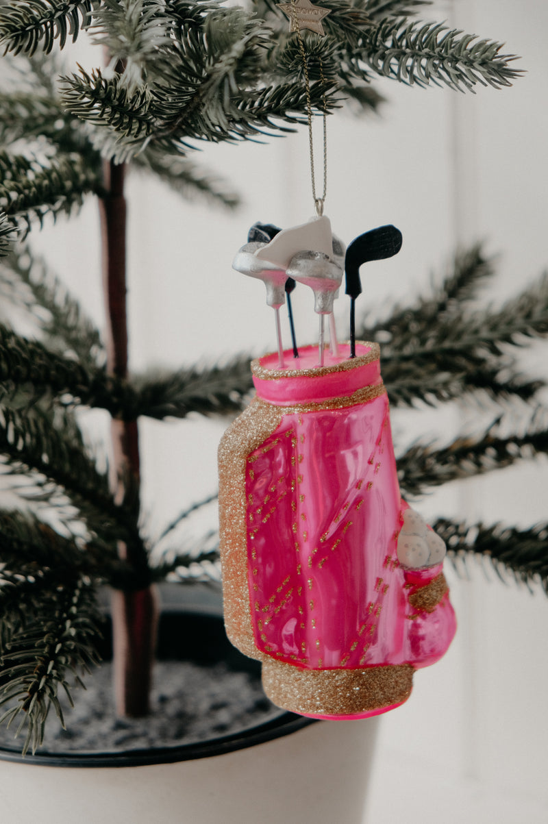 Lunden Pink Glass Golf Bag Glitter Christmas Bauble Ornament
