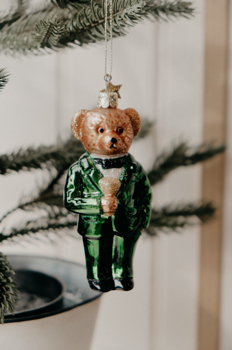 Baxter Bear Green Glitter Christmas Bauble Ornament