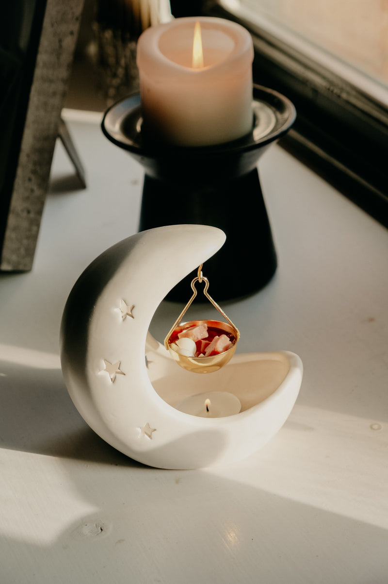 White Crescent Moon Star Gold Hanging Wax Melt Burner and Incense Cone Holder