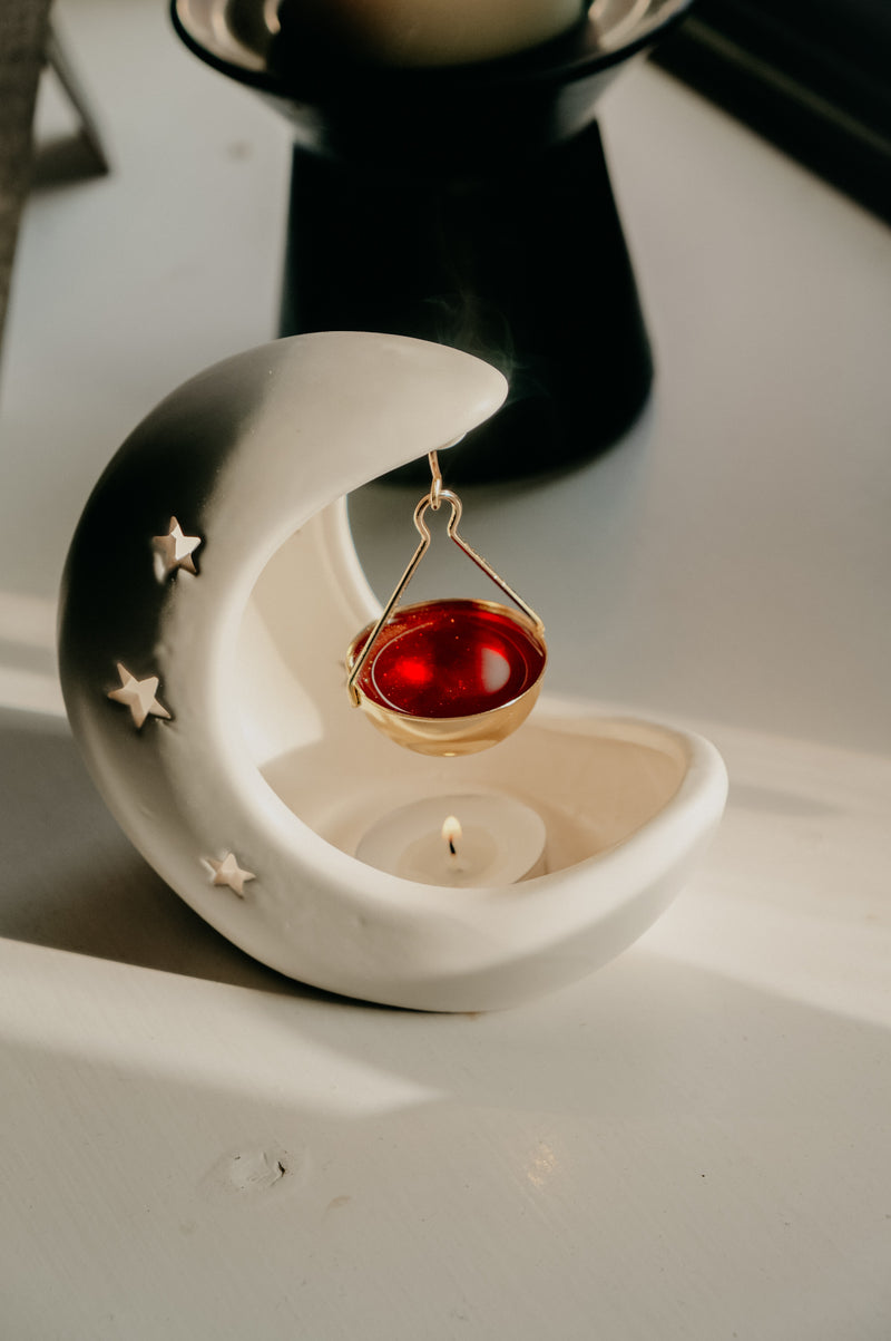 White Crescent Moon Star Gold Hanging Wax Melt Burner and Incense Cone Holder