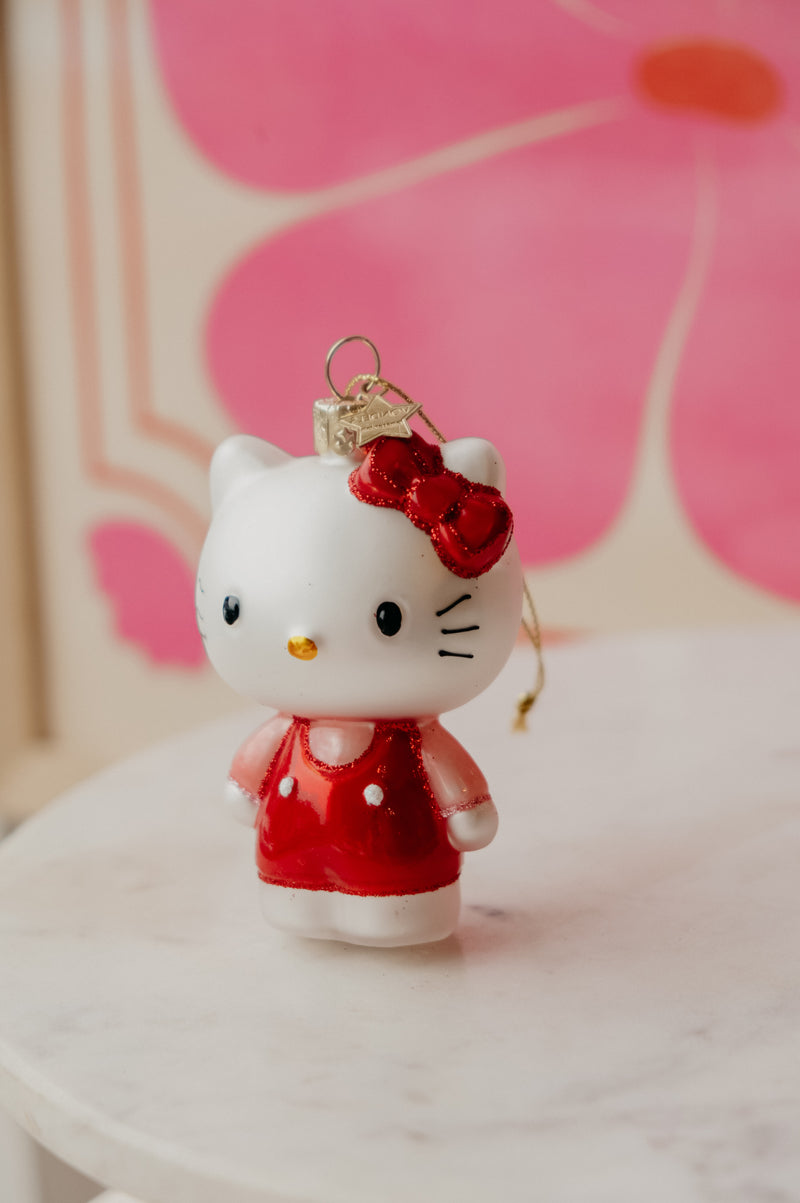 Hello Kitty Red and Pink Dress Glitter Glass Christmas Tree Ornament Bauble