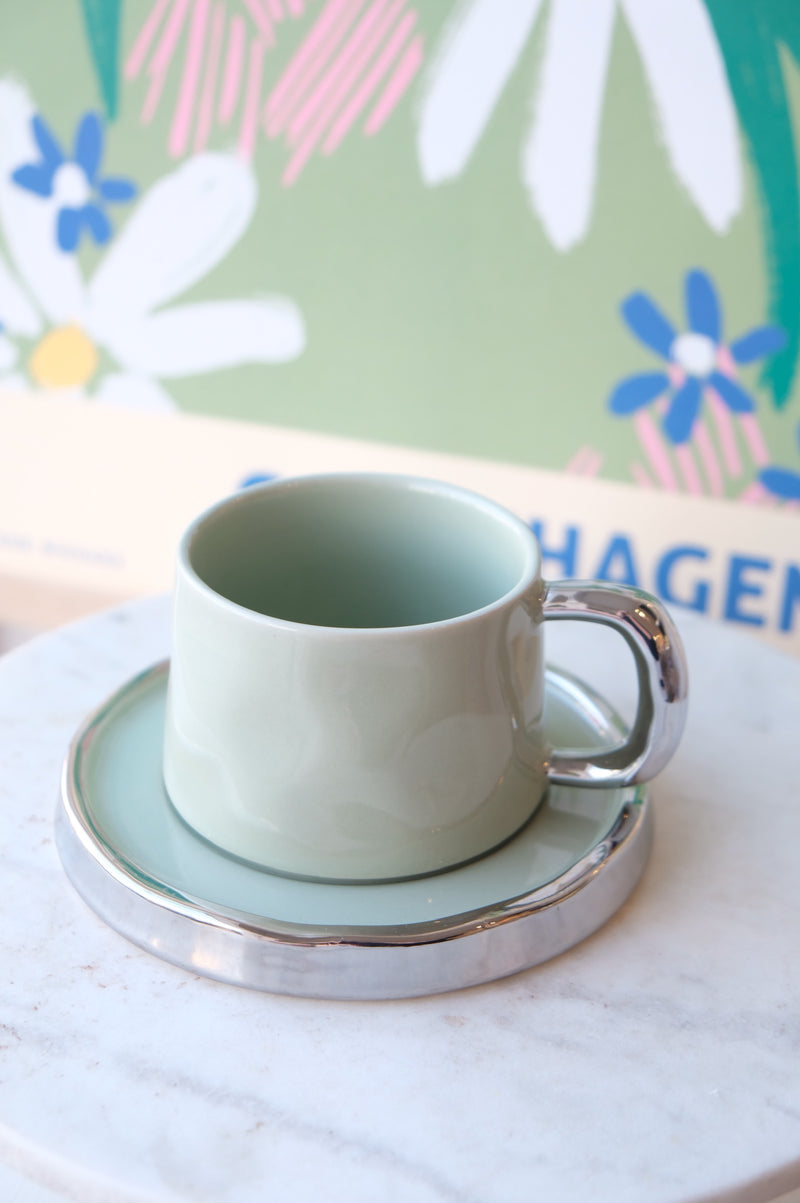 Ollie Ceramic Sage Green and Chrome Mug and Saucer Set