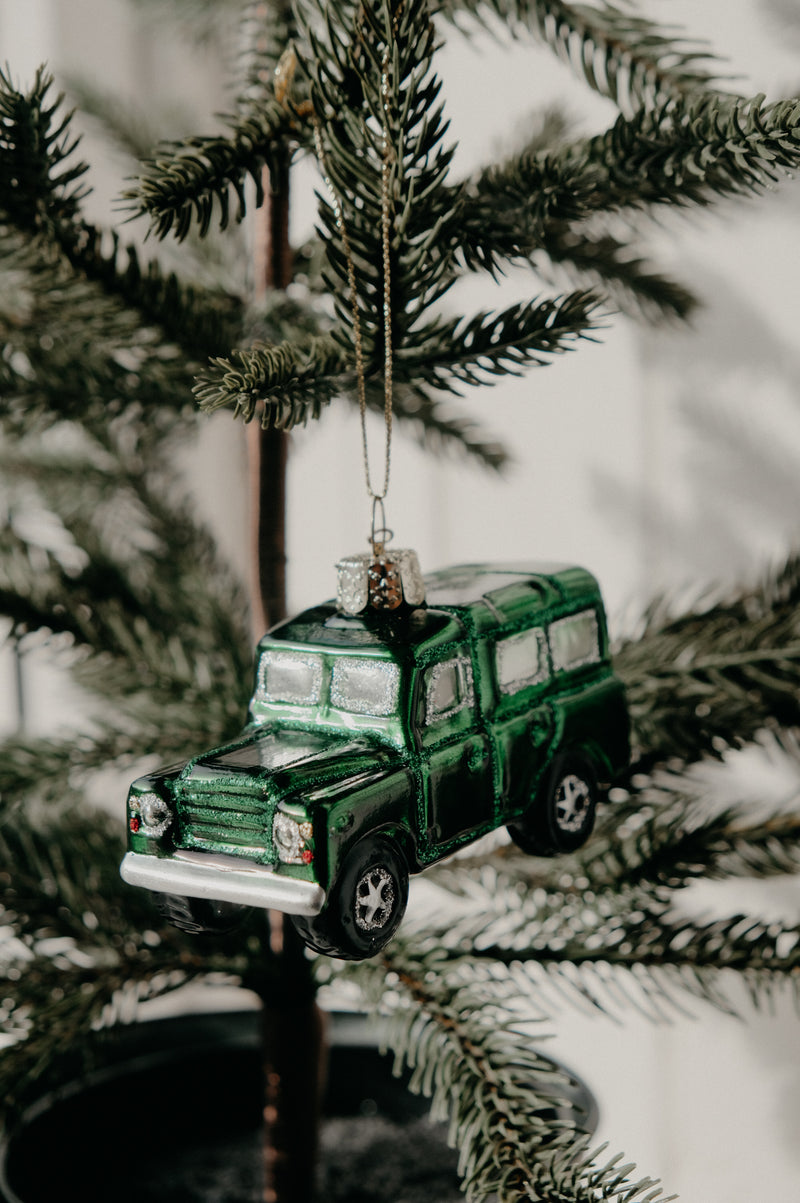 Taylor Land Rover Green Car Glitter Christmas Bauble Ornament