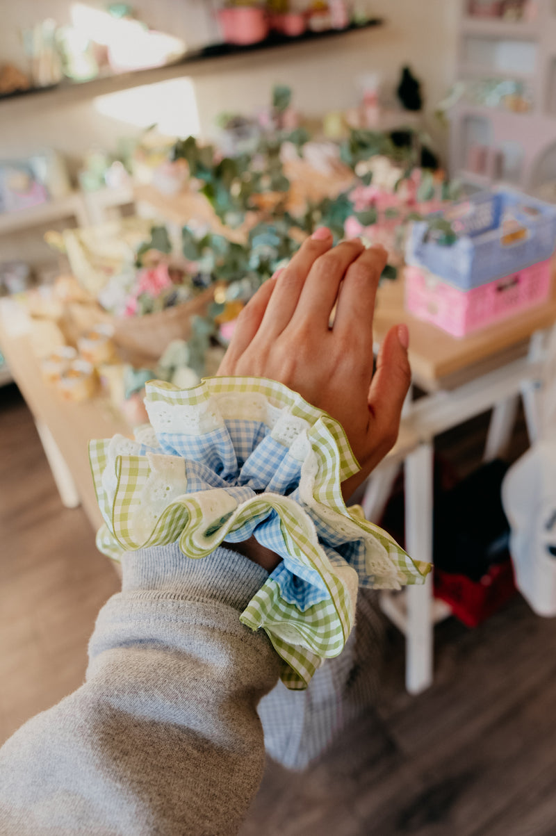 Frankie XL Blue Gingham and Green Trim Scrunchie