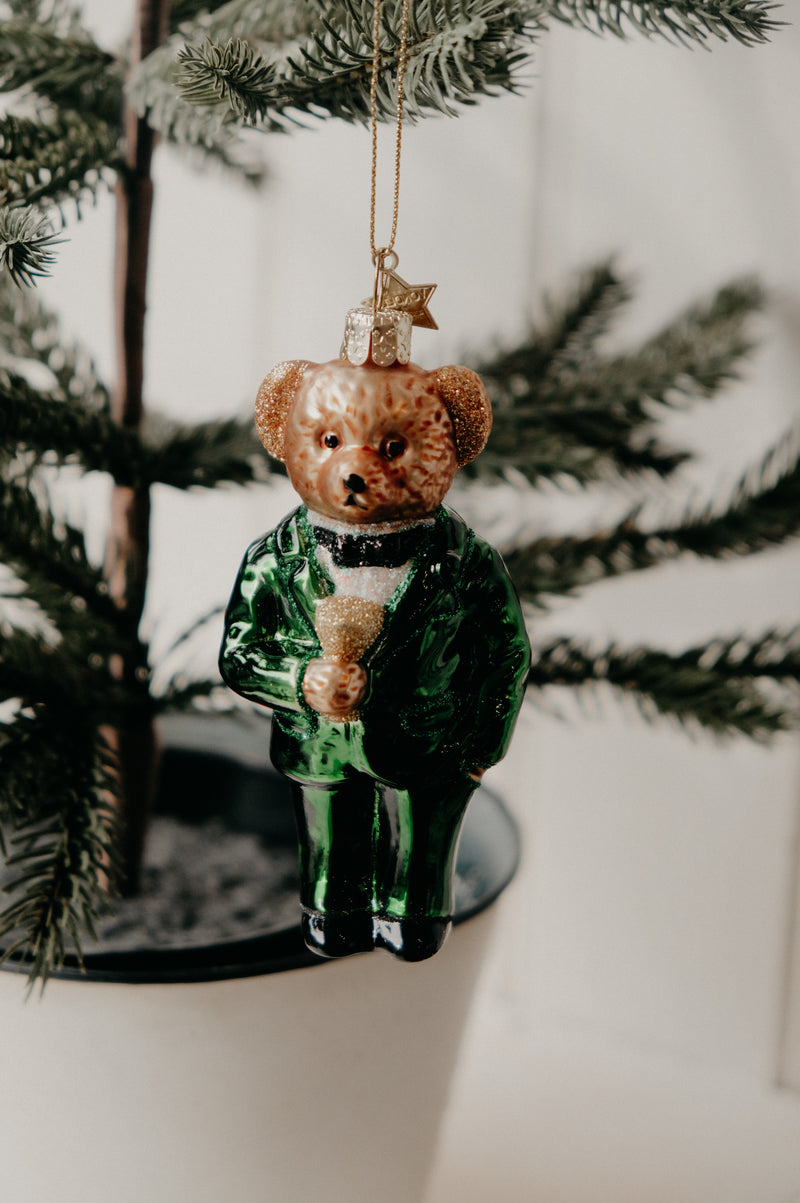 Baxter Bear Green Glitter Christmas Bauble Ornament