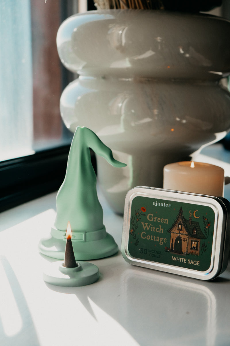 Green Witches Hat Incense Burner + Cones