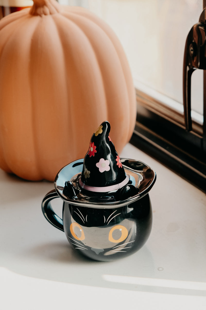 Hippie Halloween 60s Floral Black Cat Mug