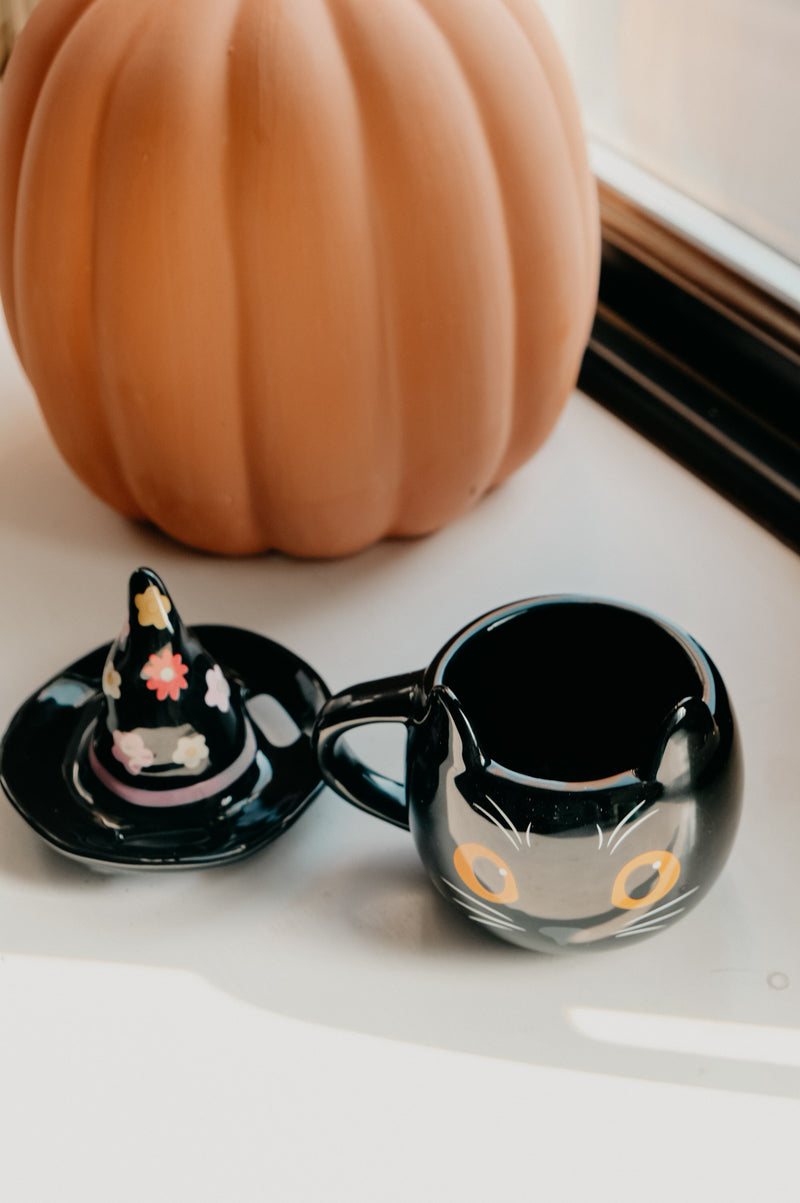 Hippie Halloween 60s Floral Black Cat Mug