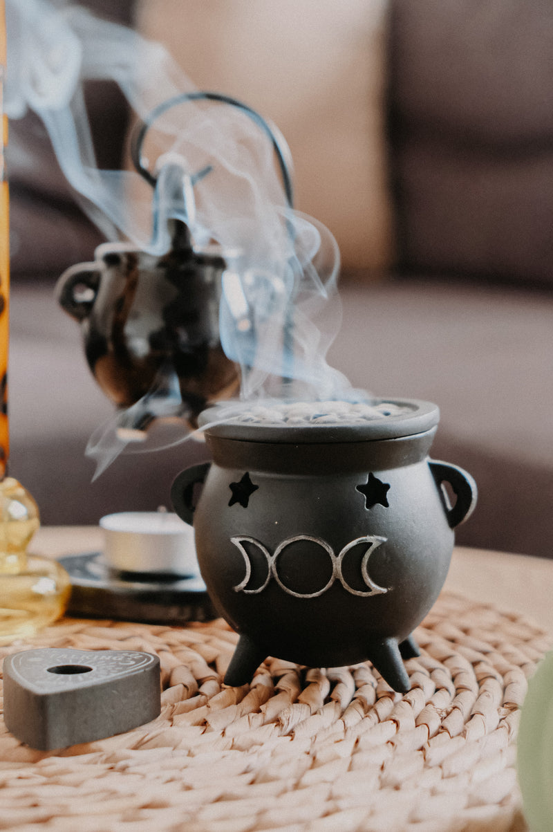 Bubbling Brew Moon Halloween Cauldron Incense Cone Holder - comes with 2 incense cones